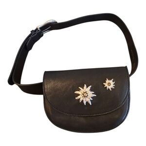 Black Italian Leather Edelweiss Embellished Belt Bag